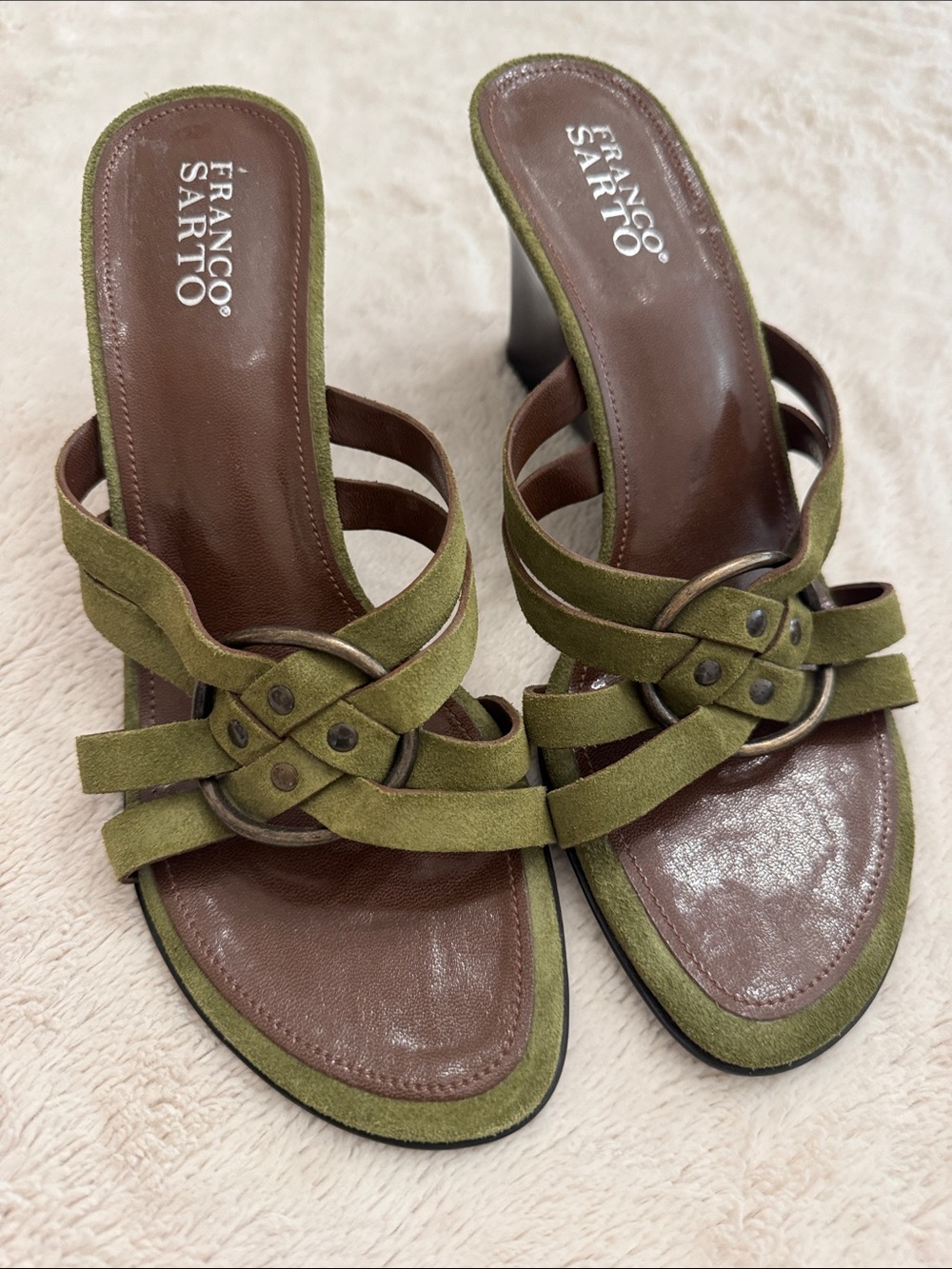 Franco Sarto Olive Suede Knot Ring Slide Mules